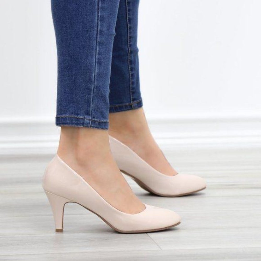 Nude Paten Round Toe Kitten Low Heels Pumps - Picture 8 of 11